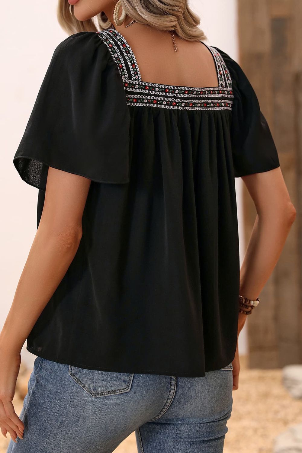 Contrast Square Neck Puff Sleeve Blouse - Online Only