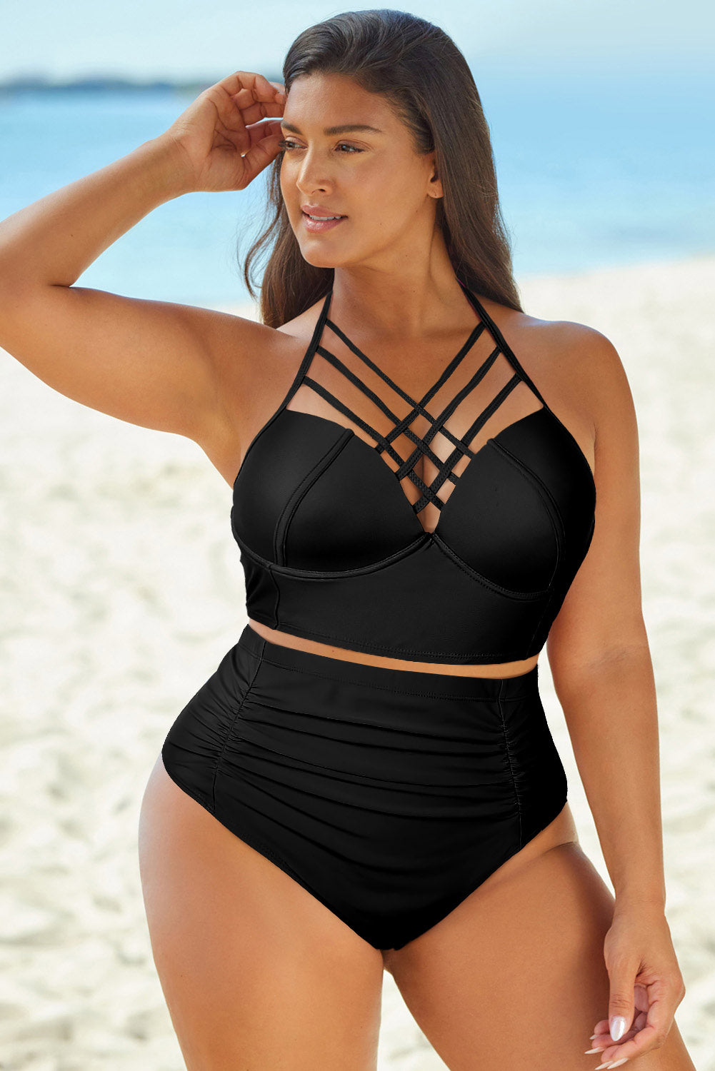 Halter Neck Crisscross Ruched Two-Piece Swimsuit - Online Only