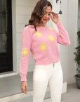 Flower Pattern Round Neck Short Sleeve Pullover Sweater - Online Only