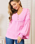 Double Take Exposed Seam Buttoned Notched Neck Blouse