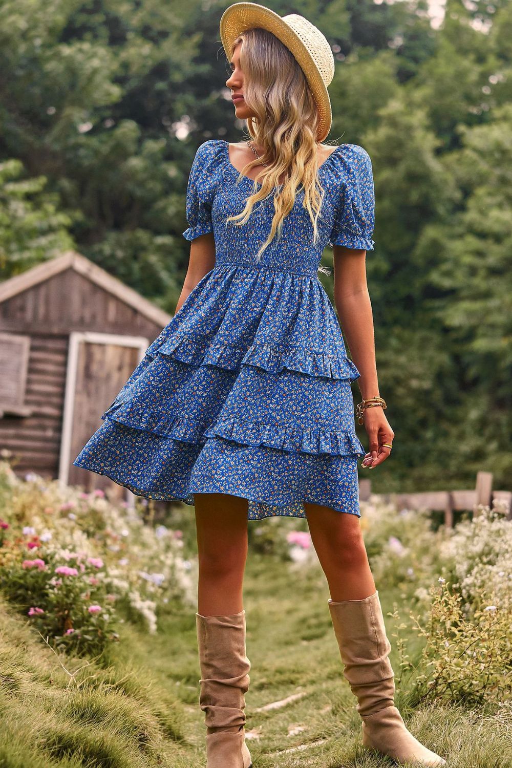 Smocked Sweetheart Neck Flounce Sleeve Mini Dress - Online Only