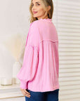 Double Take Exposed Seam Buttoned Notched Neck Blouse