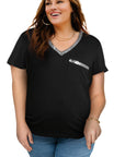 Plus Size Contrast Sequin V-Neck Tee Shirt - Online Only