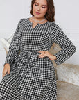 Plus Size Notched Neck Houndstooth Tie Belt Maxi Dress - Online Only