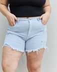 RISEN Katie High Waisted Distressed Shorts in Ice Blue - Online Only