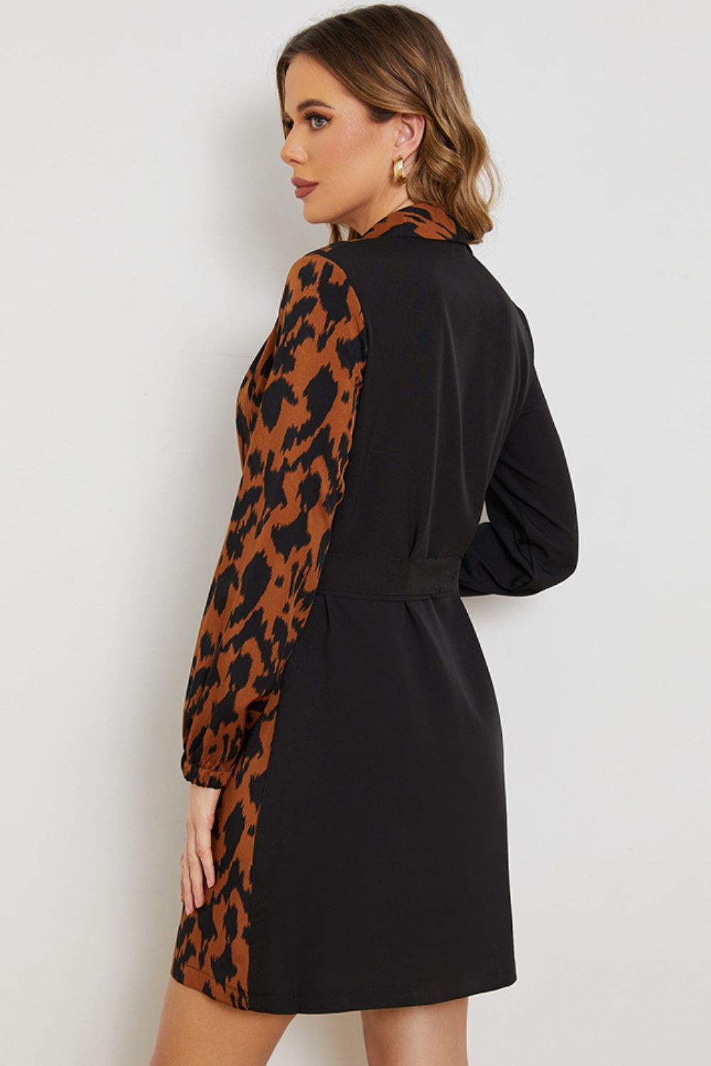 Leopard Color Block Belted Shawl Collar Dress - Online Only