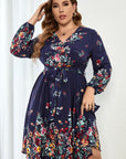 Plus Size Floral Tie Waist Long Sleeve Dress - Online Only