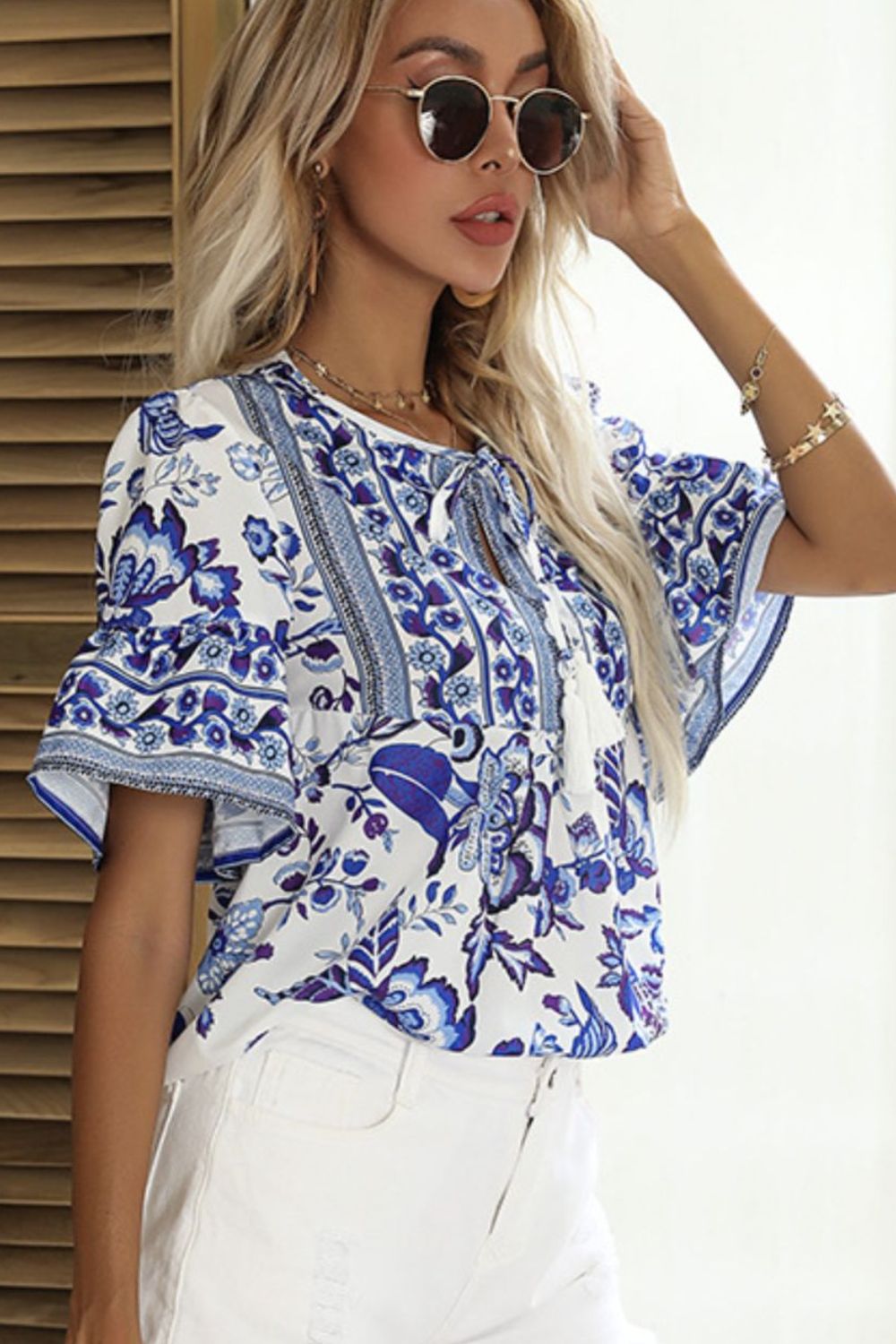 Printed Buttoned Flounce Sleeve Blouse - Online Only