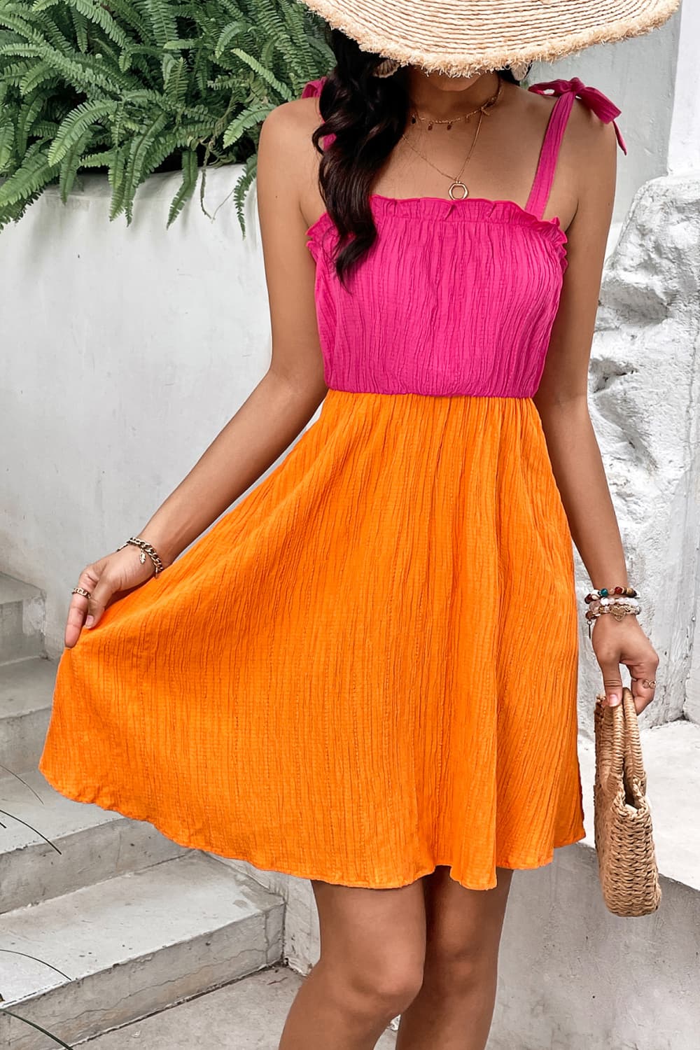 Two-Tone Tie-Shoulder Frill Trim Dress - Online Only