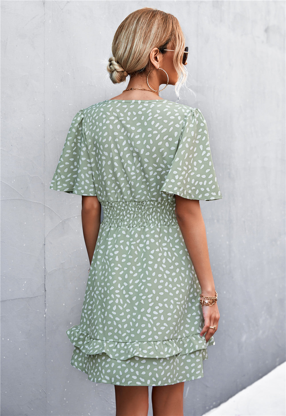 Printed Smocked Waist Layered Surplice Dress - Online Only