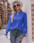 Eyelet Notched Neck Flounce Sleeve Blouse - Online Only