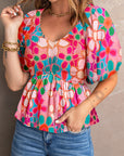 Printed V-Neck Babydoll Blouse - Online Only