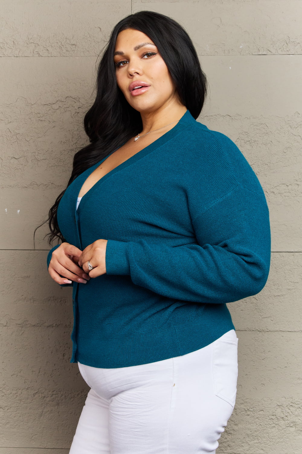 Zenana Kiss Me Tonight Full Size Button Down Cardigan in Teal - Online Only