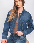 LOVE TREE Raw Hem Button Up Cropped Denim Jacket