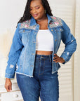 Baeful Leopard Floral Distressed Raw Hem Denim Jacket