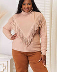 Woven Right Turtleneck Fringe Front Long Sleeve Sweater