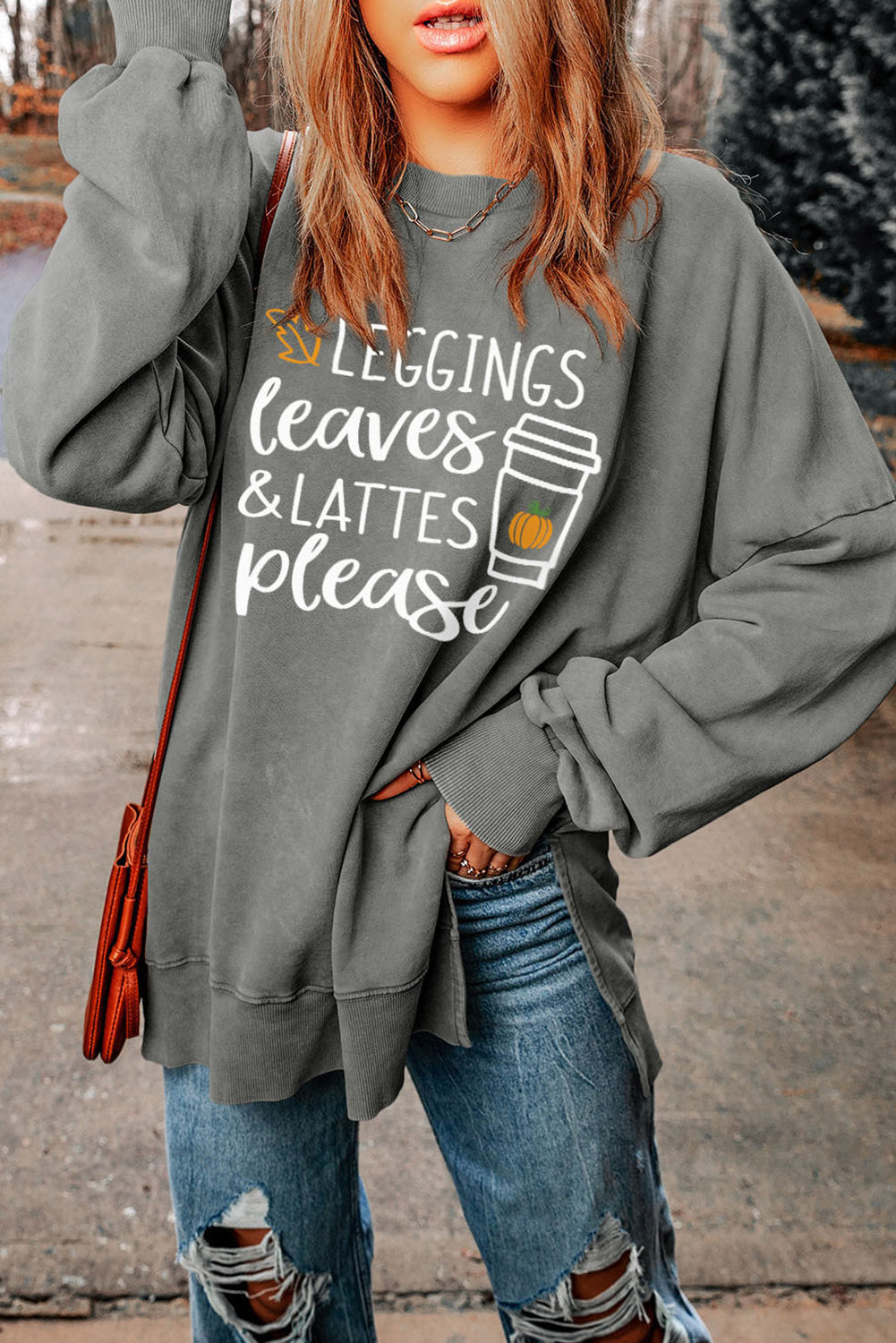 Round Neck Dropped Shoulder LEGGINGS LEAVES LATTES PLEASE Graphic Sweatshirt - Online Only