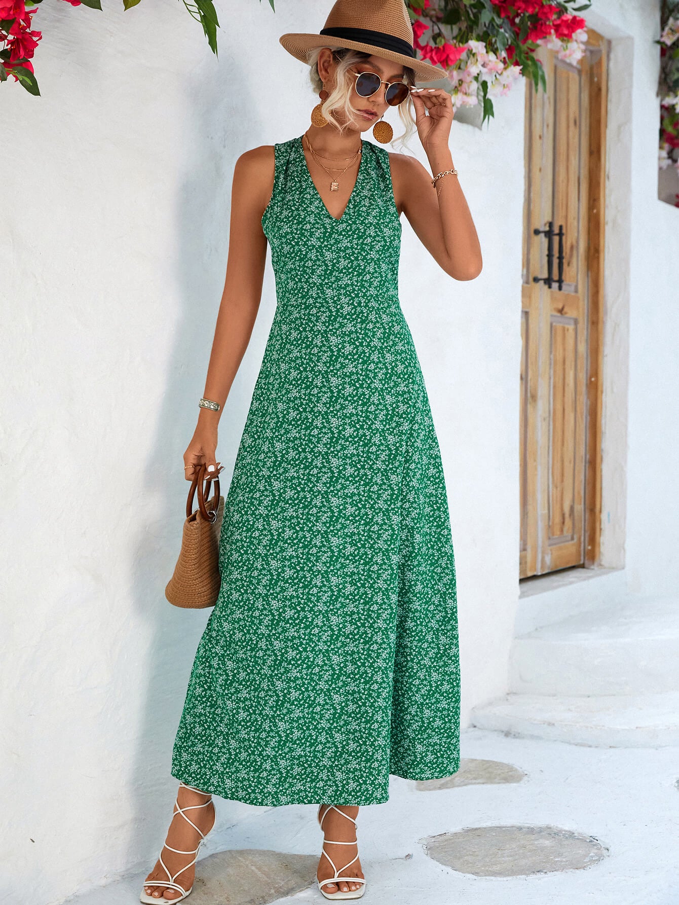 Printed Open Back Sleeveless Maxi Dress - Online Only