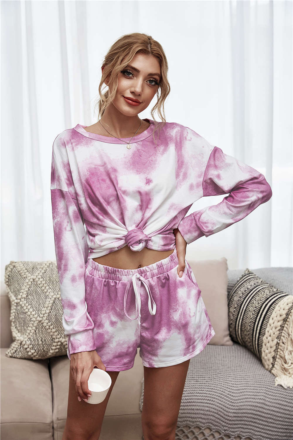 Tie-Dye Dropped Shoulder Top and Shorts Lounge Set - Online Only