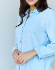 Doublju Blue Jean Baby Denim Button Down Shirt Top in Light Blue - Online Only