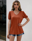 V-Neck Decorative Buttons Puff Sleeve Tee - Online Only