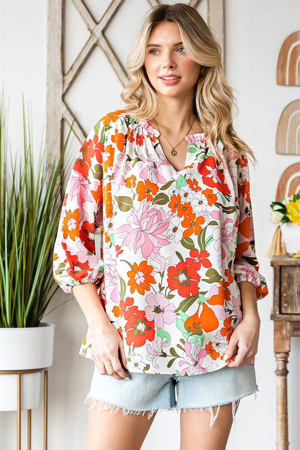 Floral Notched Neck Balloon Sleeve Blouse - Online Only