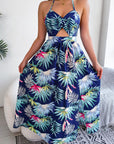 Botanical Print Tied Backless Cutout Slit Dress - Online Only