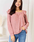 Double Take Square Neck Ruffle Shoulder Long Sleeve T-Shirt