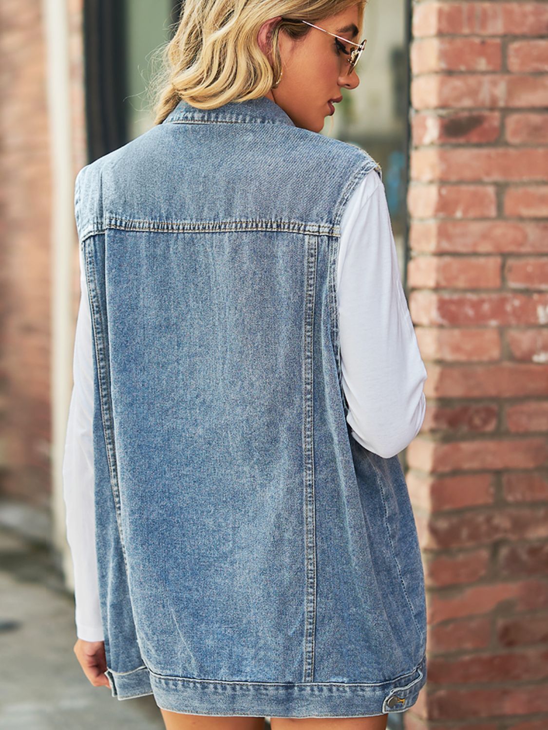 Collared Neck Sleeveless Denim Top with Pockets - Online Only