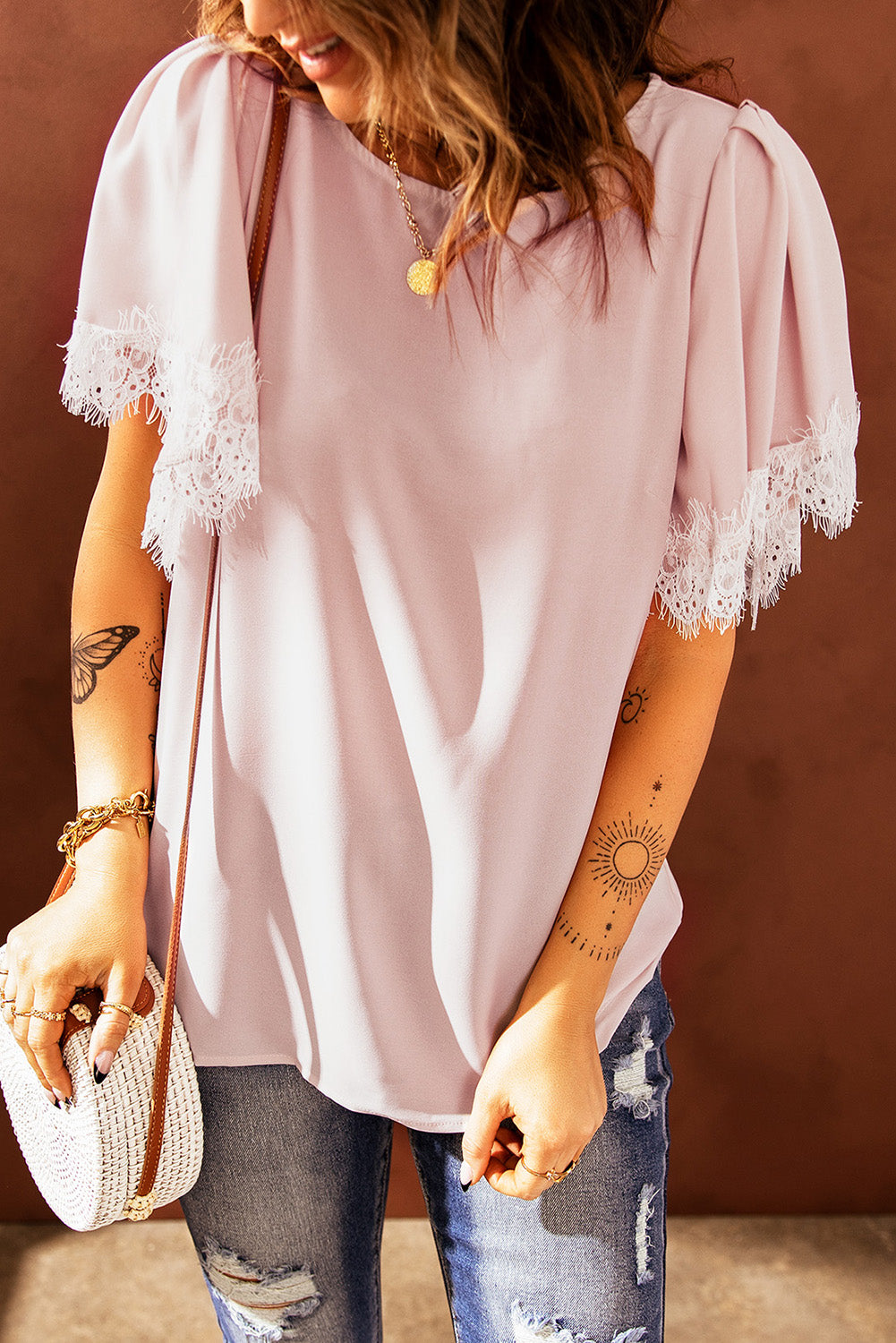 Lace Trim Flutter Sleeve Blouse - Online Only