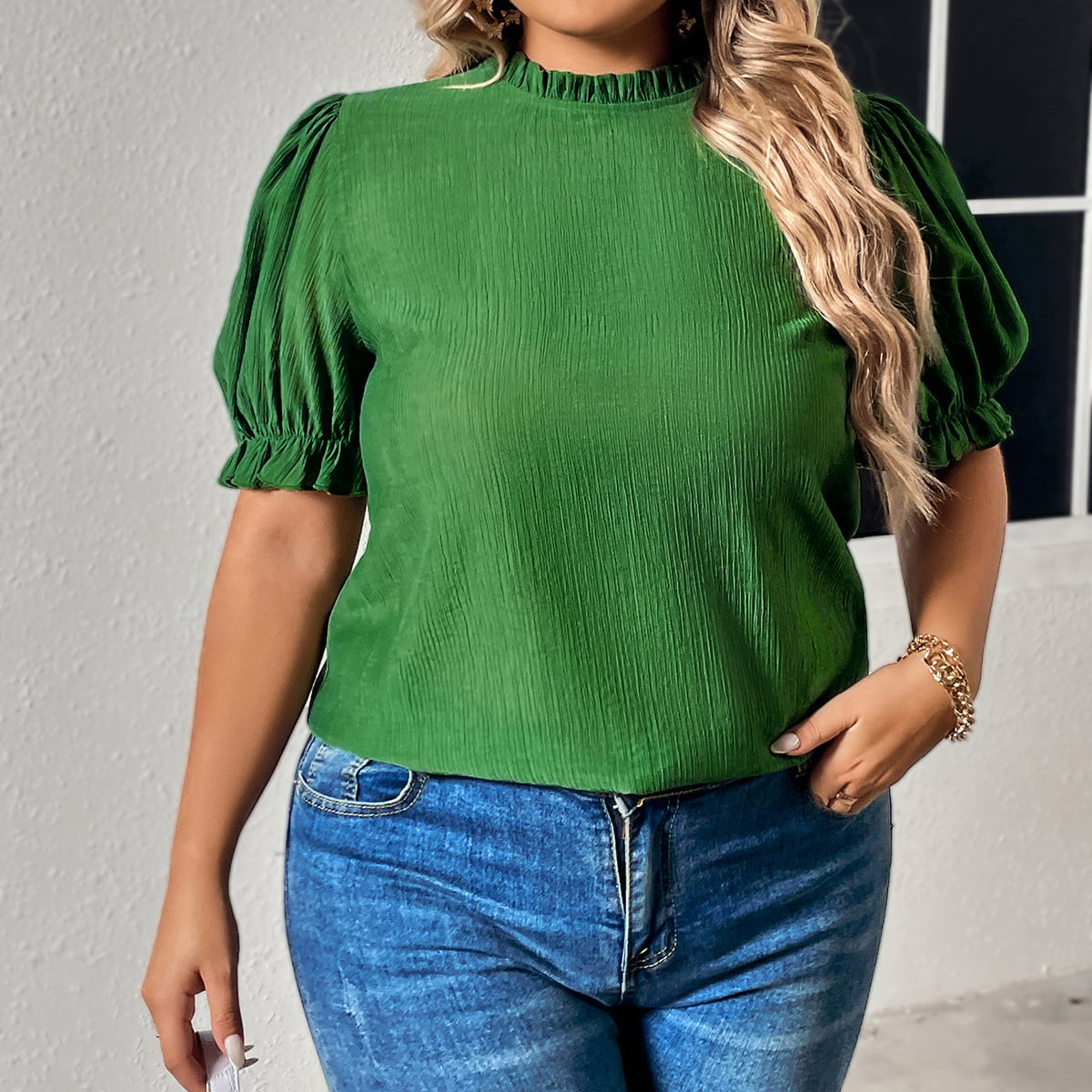 Plus Size Round Neck Flounce Sleeve Blouse - Online Only