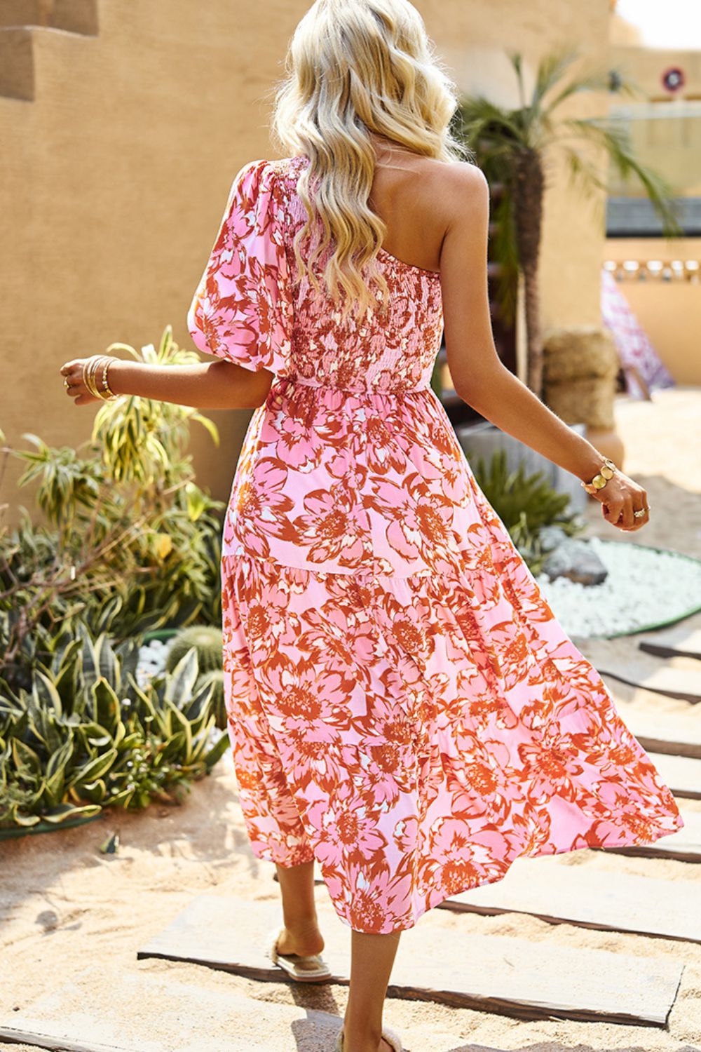Floral One-Shoulder Smocked Midi Dress - Online Only