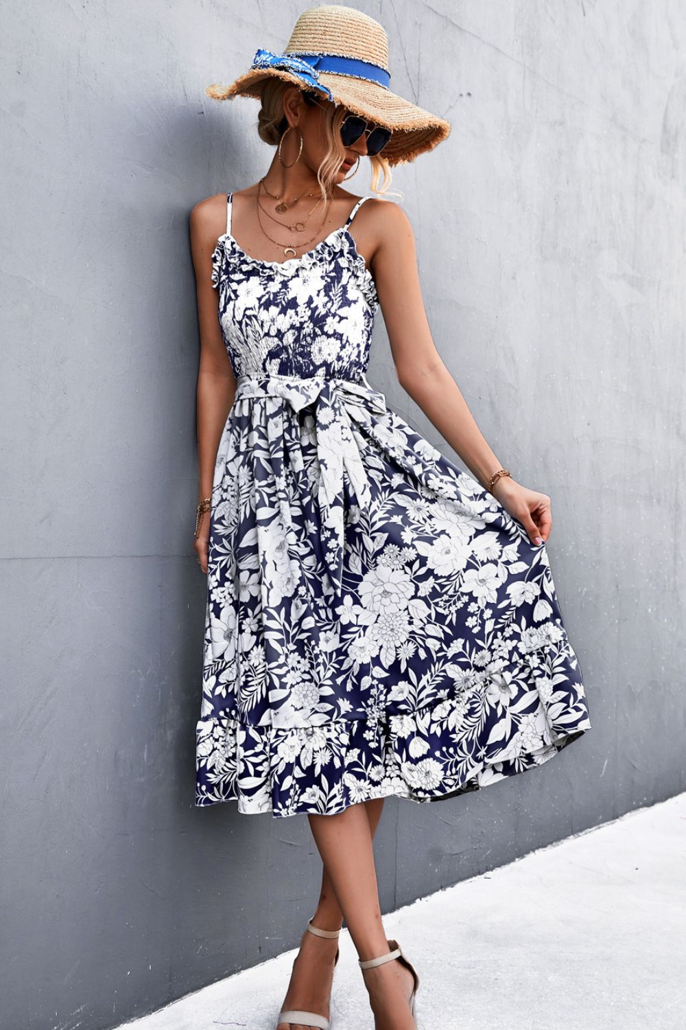 Floral Frill Trim Scoop Neck Spaghetti Strap Dress - Online Only