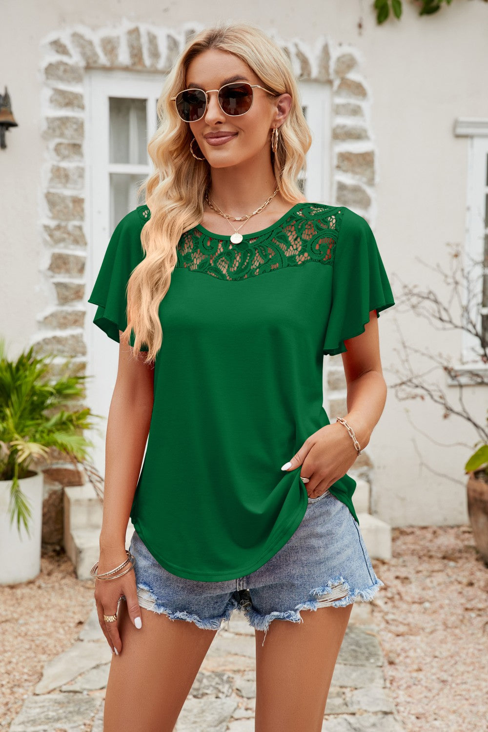 Spliced Lace Flutter Sleeve Top - Online Only