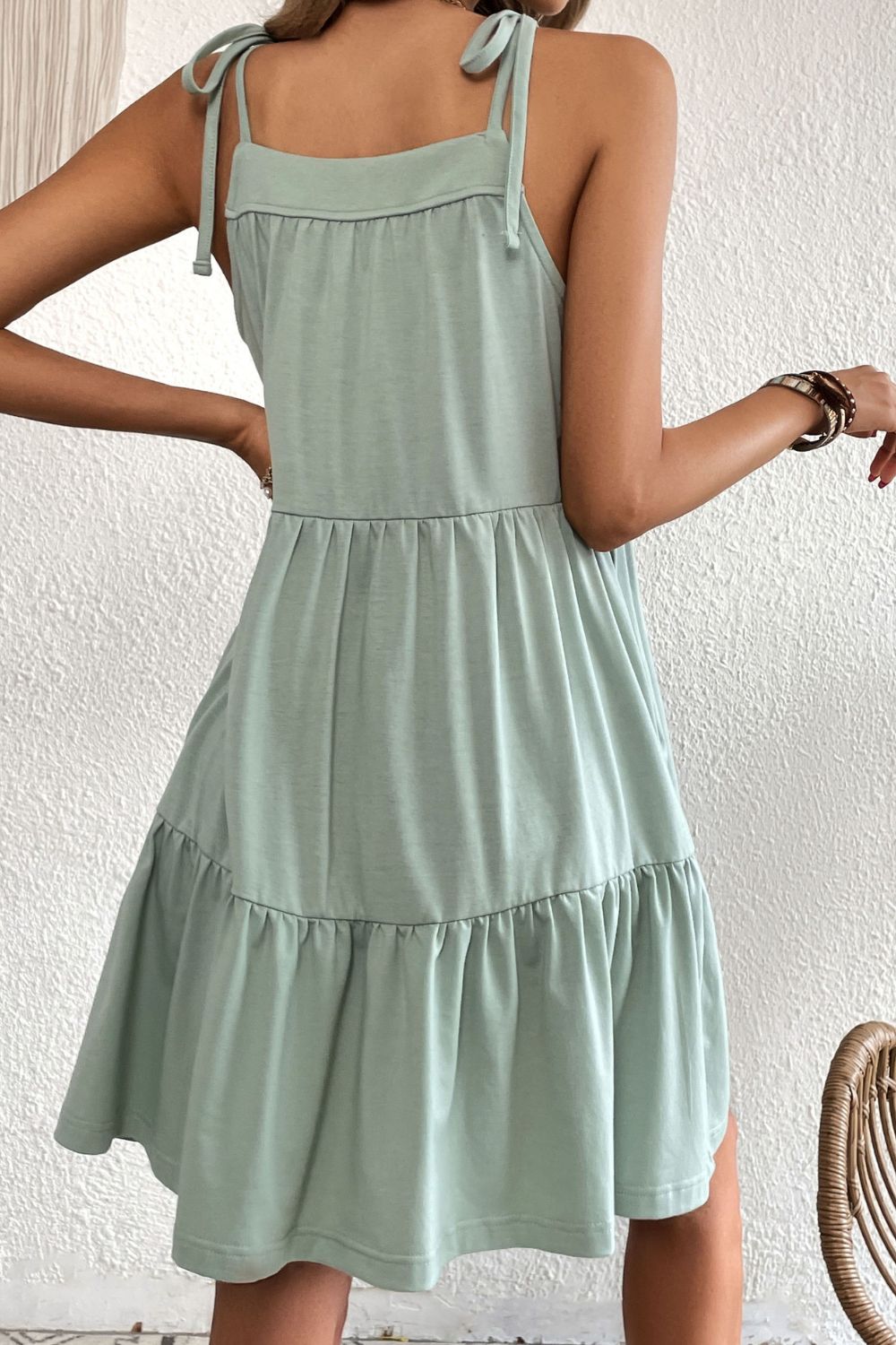 Tie-Shoulder Tiered Dress with Pockets - Online Only