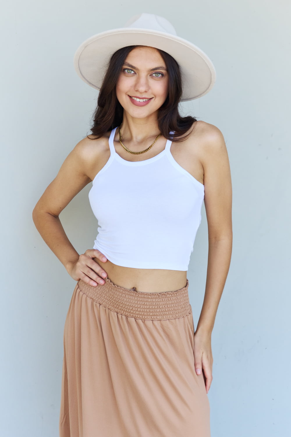 Doublju Comfort Princess High Waist Scoop Hem Maxi Skirt in Tan - Online Only