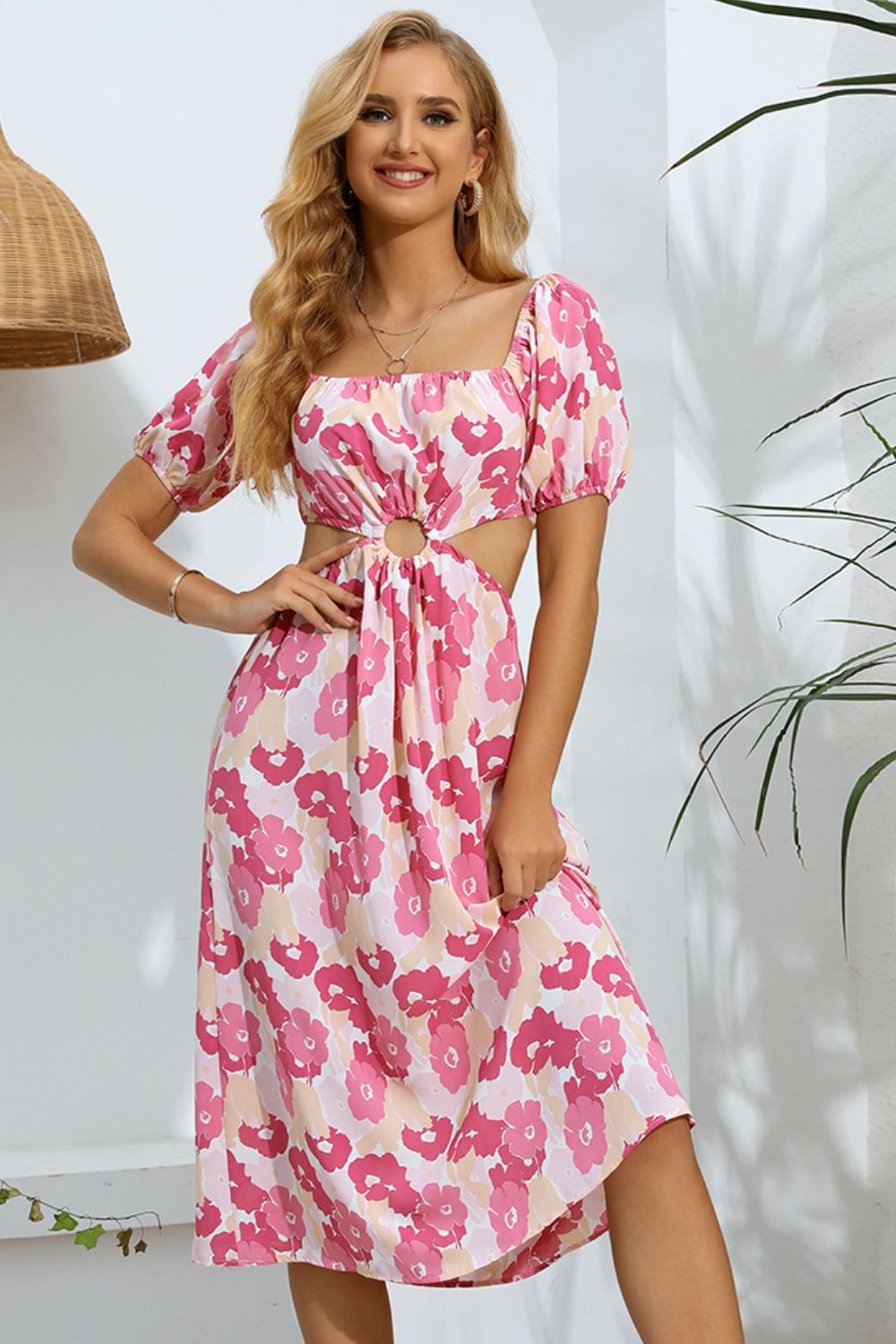 Floral Cutout Square Neck Puff Sleeve Dress - Online Only