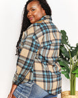 Double Take Plaid Curved Hem Shirt Jacket with Breast Pockets