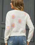 Flower Pattern Round Neck Short Sleeve Pullover Sweater - Online Only