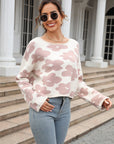 Round Neck Flower Pattern Dropped Shoulder Pullover Sweater - Online Only
