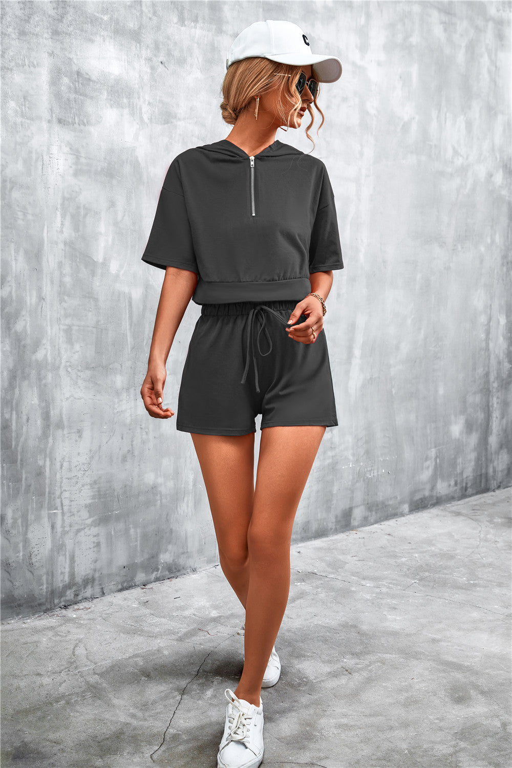 Half Zip Cropped Hooded T-Shirt and Shorts Set - Online Only