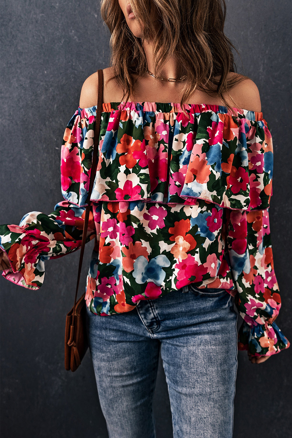 Floral Off-Shoulder Flounce Sleeve Layered Blouse - Online Only