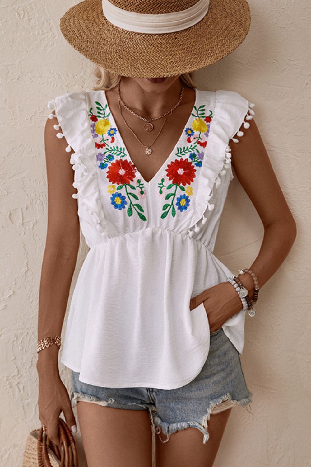 Embroidered Pom-Pom Trim Cap Sleeve Babydoll Top - Online Only