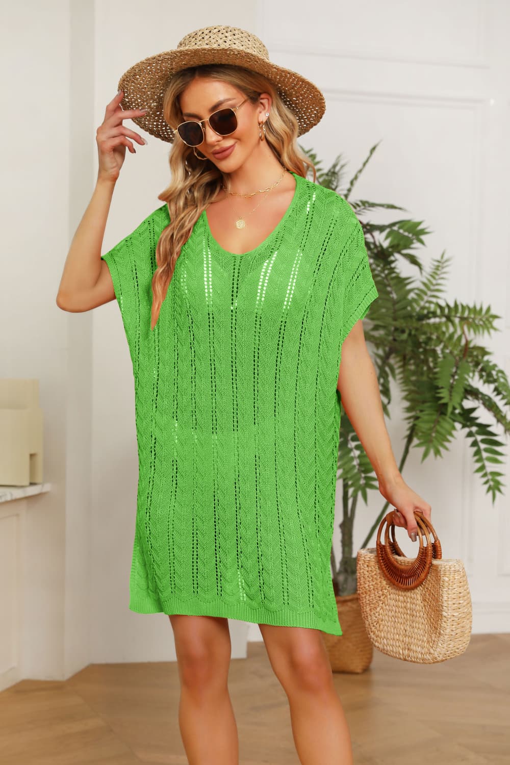 Openwork Side Slit Knit Dress - Online Only