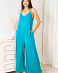 Double Take Full Size Soft Rayon Spaghetti Strap Tied Wide Leg Jumpsuit