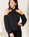 Double Take Grecian Cold Shoulder Long Sleeve Blouse