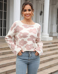Round Neck Flower Pattern Dropped Shoulder Pullover Sweater - Online Only