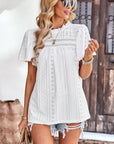Frill Trim Round Neck Eyelet Puff Sleeve Blouse - Online Only