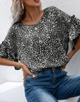 Leopard Round Neck Frill Trim Blouse - Online Only