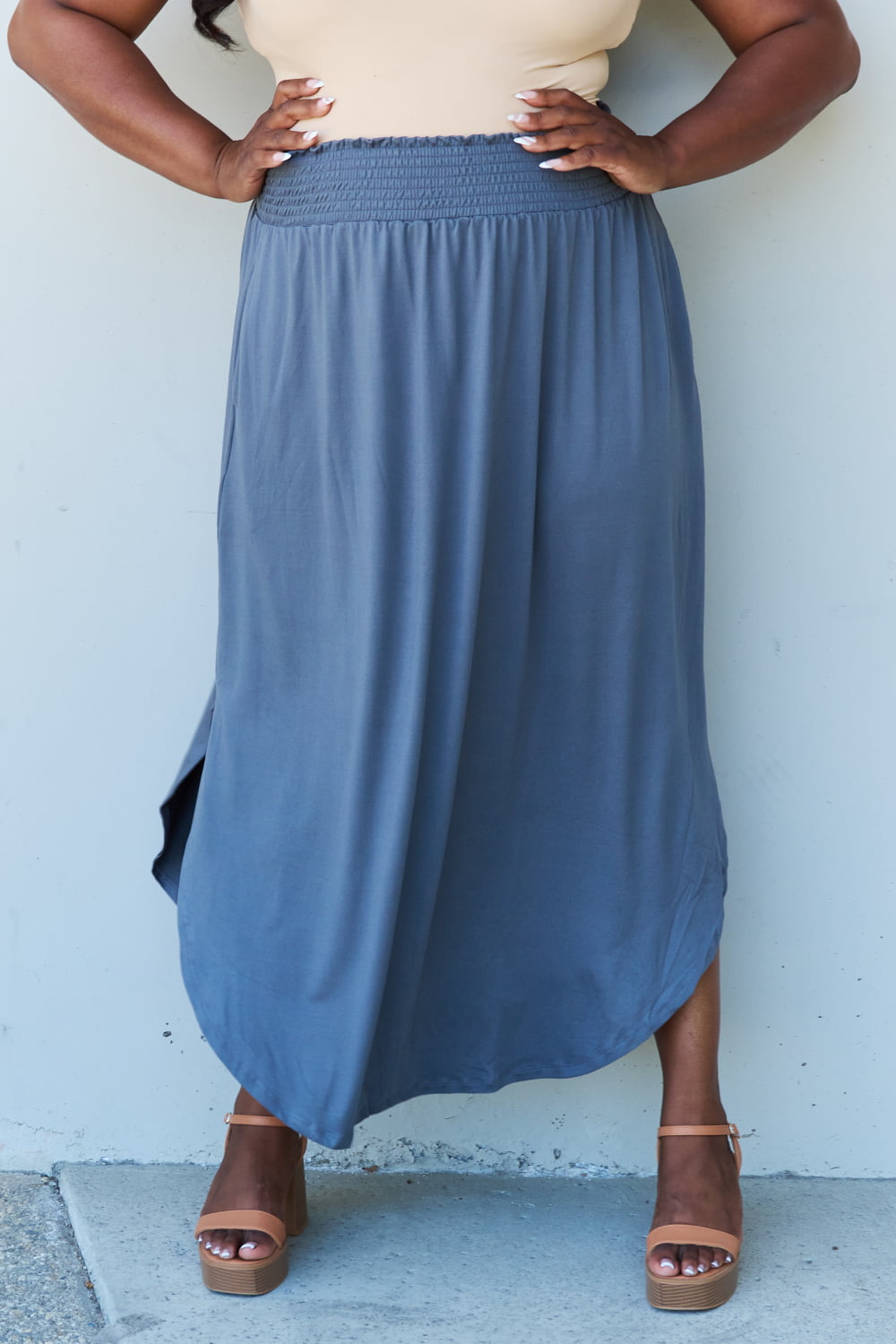 Doublju Comfort Princess High Waist Scoop Hem Maxi Skirt in Dusty Blue - Online Only